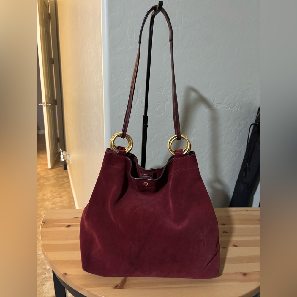 Tory Burch Burgundy Suede Farrah Shoulder Bag with Gold Rings